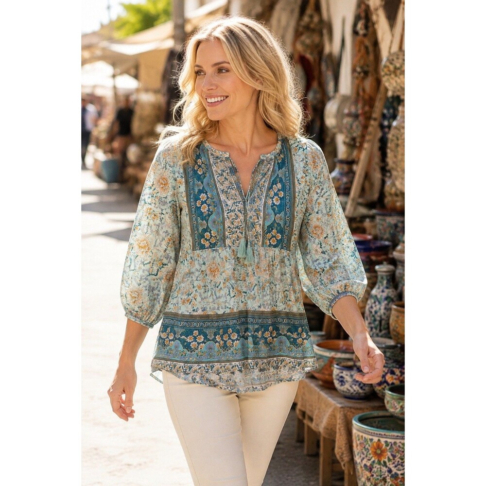 Women’s 3XL Aqua Teal Floral Boho Peasant Tunic Blouse Puff Sleeve Border